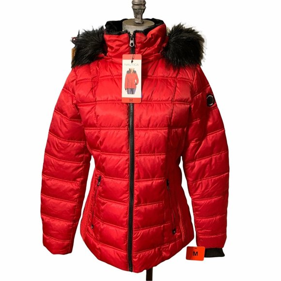 NAUTICA Red Jacket Quilted Puffer Coat Faux Fur Trimmed Hood Choice of Size - Picture 1 of 5